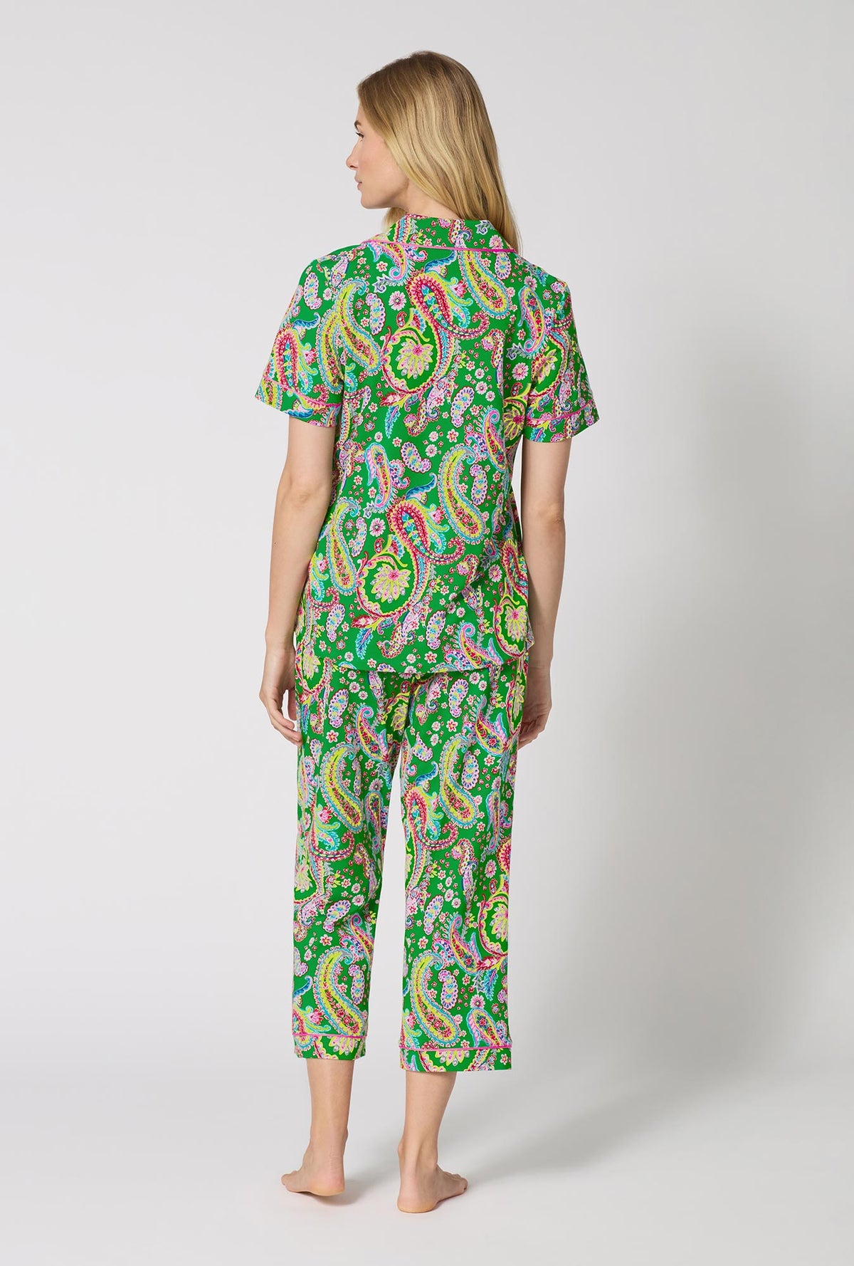 A Lady Wearing Sultana Short Sleeve Classic Stretch Jersey Cropped Pj Set in a back view pose