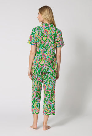 A Lady Wearing Sultana Short Sleeve Classic Stretch Jersey Cropped Pj Set in a back view pose