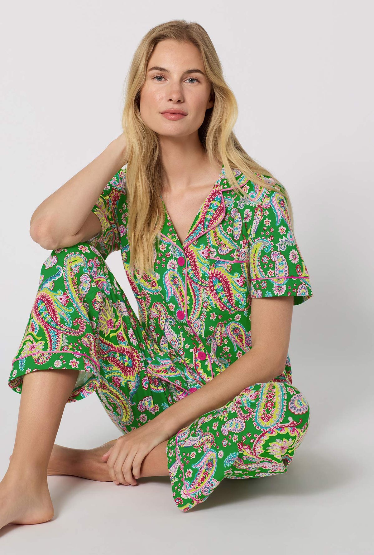 A Lady Wearing Sultana Short Sleeve Classic Stretch Jersey Cropped Pj Set in a close up sitting pose