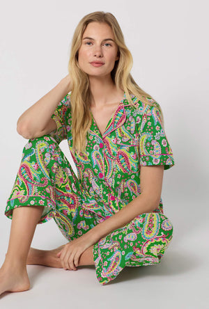 A Lady Wearing Sultana Short Sleeve Classic Stretch Jersey Cropped Pj Set in a close up sitting pose