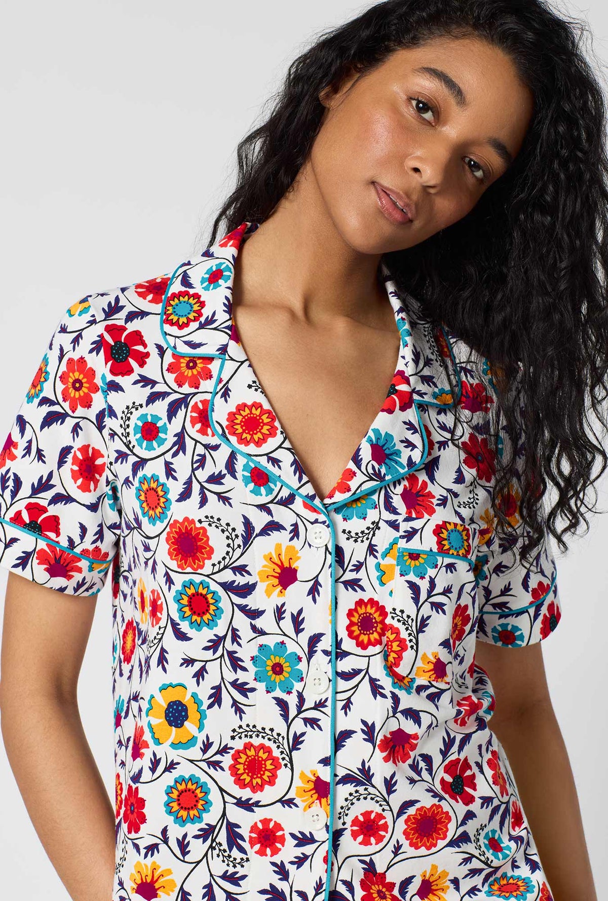 A Lady Wearing Ottoman Bloom Short Sleeve Classic Stretch Jersey Cropped Pj Set in a front close up view pose