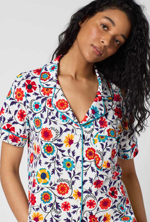 A Lady Wearing Ottoman Bloom Short Sleeve Classic Stretch Jersey Cropped Pj Set in a front close up view pose