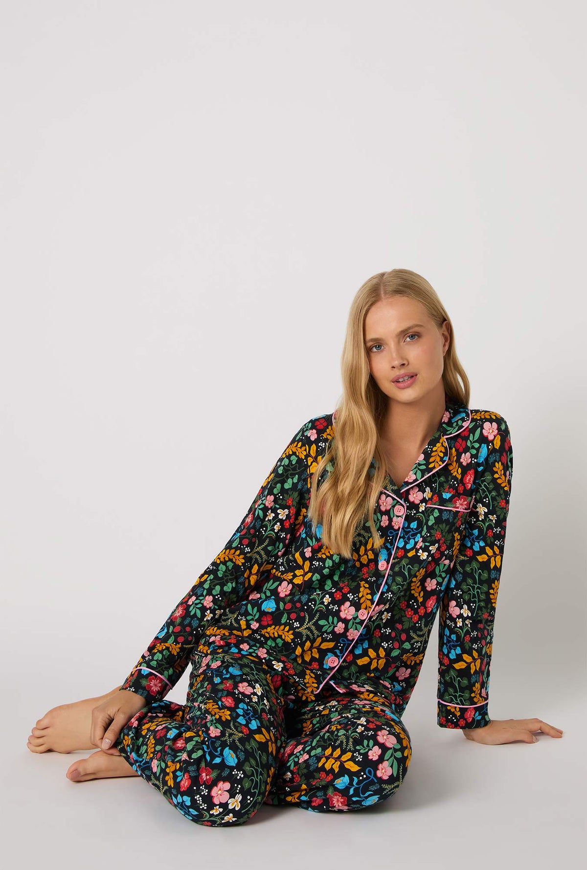 A lady wearing Winter Blooms Long Sleeve Classic Stretch Jersey Pj Set