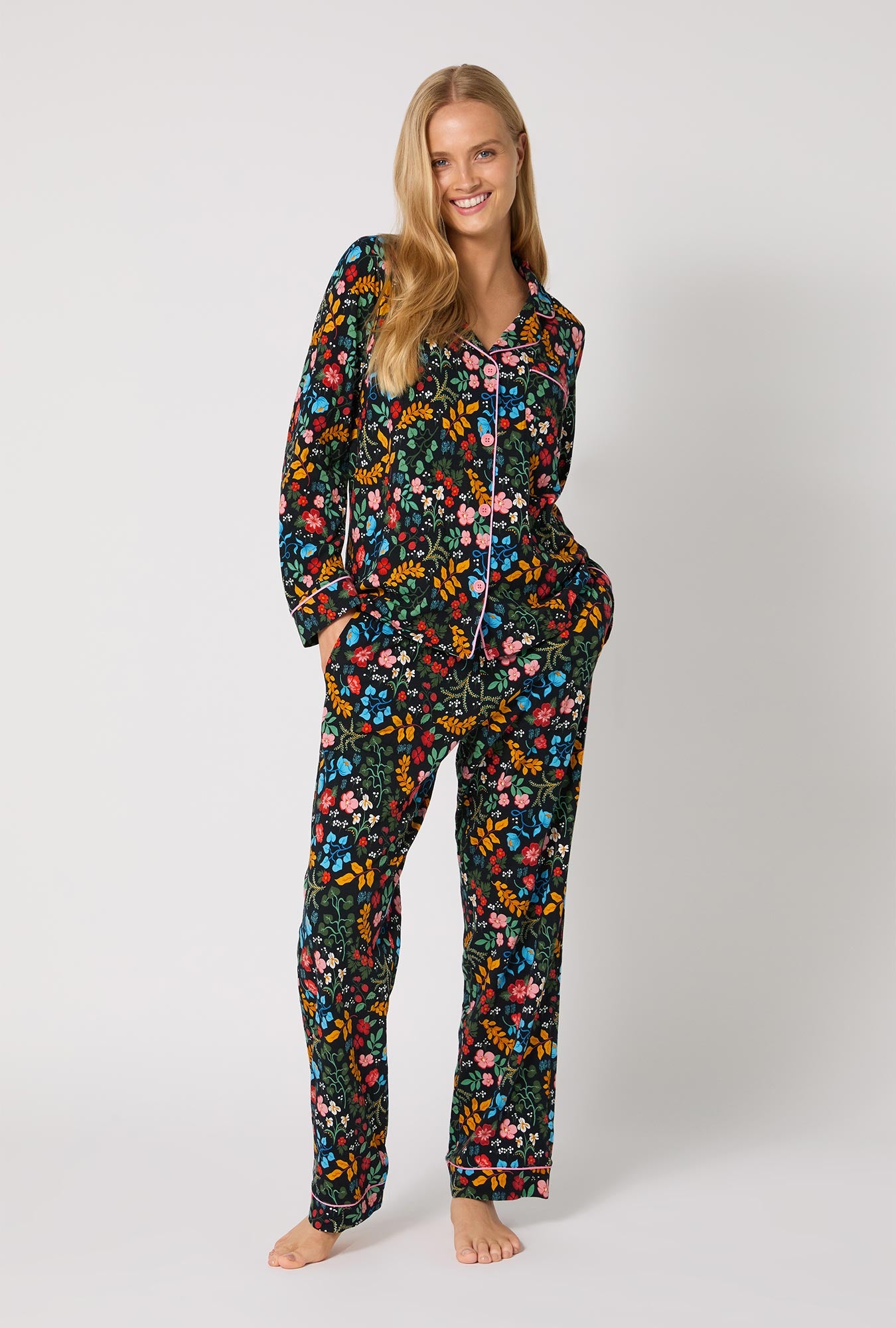 A lady wearing Winter Blooms Long Sleeve Classic Stretch Jersey Pj Set