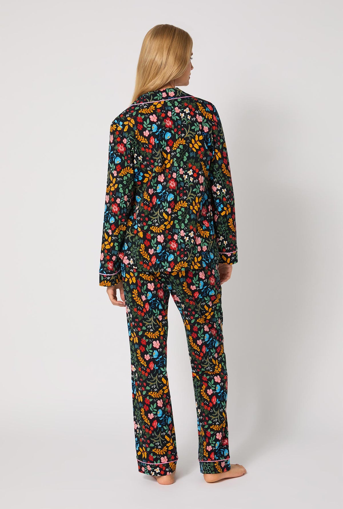 A lady wearing Winter Blooms Long Sleeve Classic Stretch Jersey Pj Set