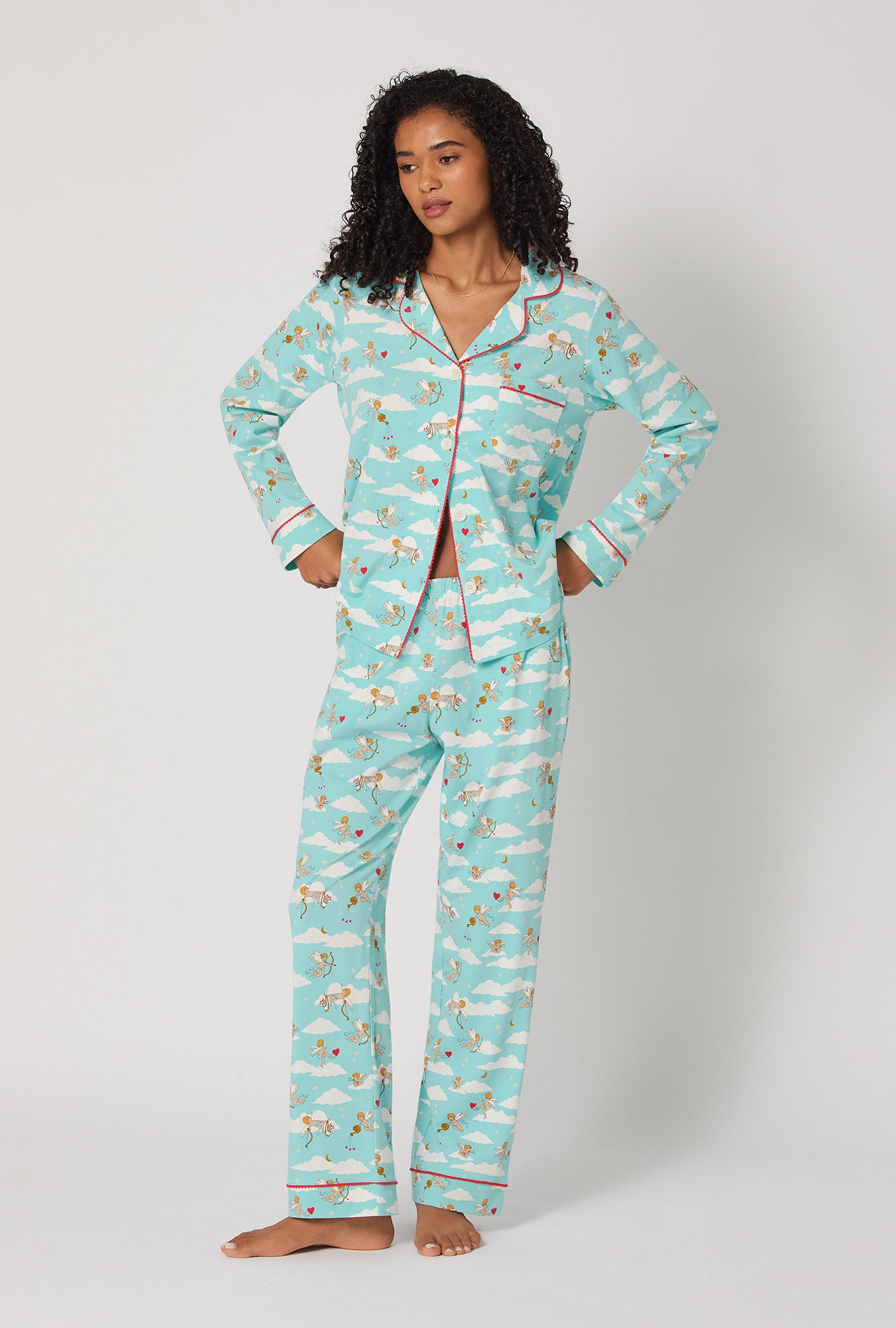 A lady wearing Cheeky Cupid Long Sleeve Classic Stretch Jersey Pj Set