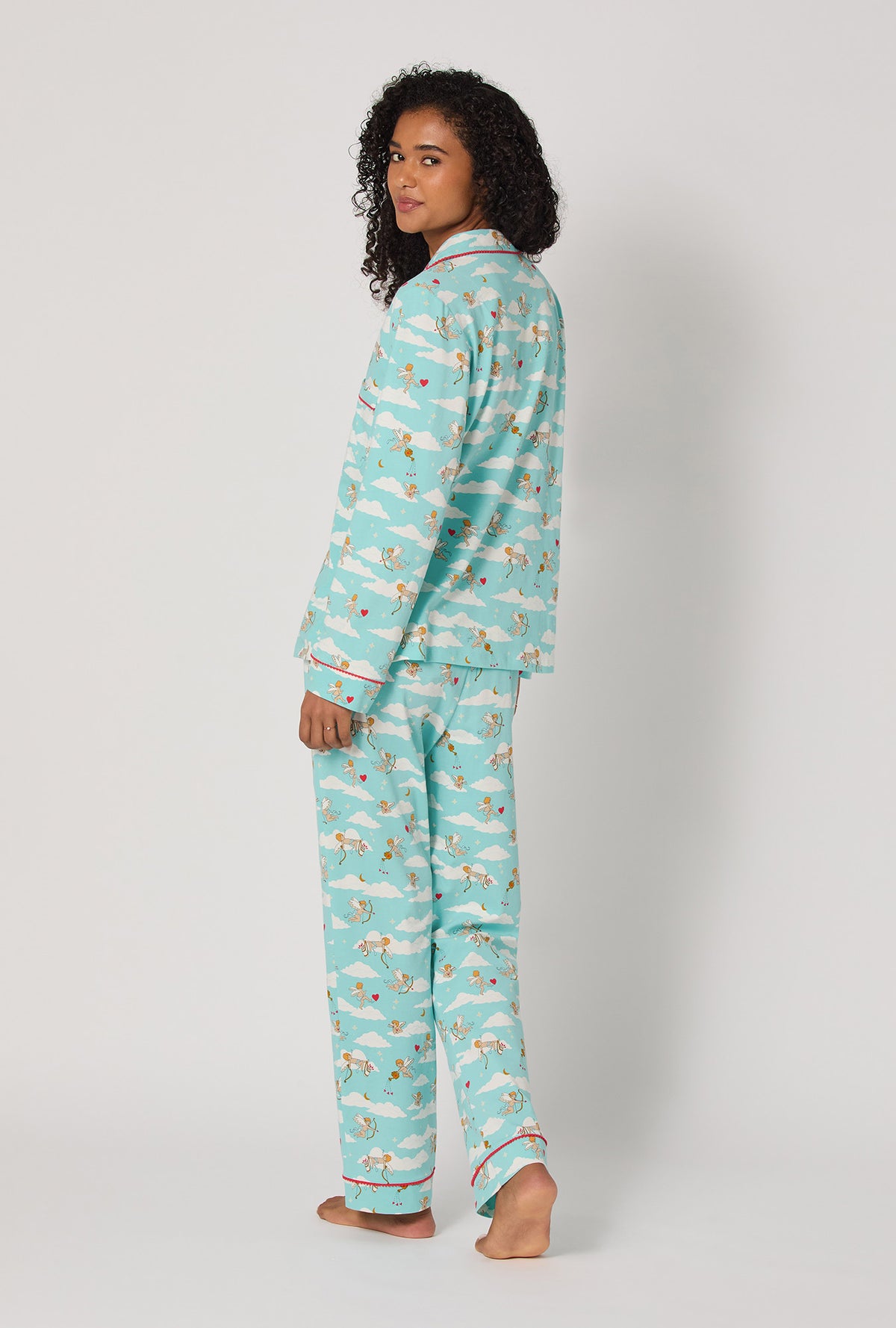 A lady wearing Cheeky Cupid Long Sleeve Classic Stretch Jersey Pj Set