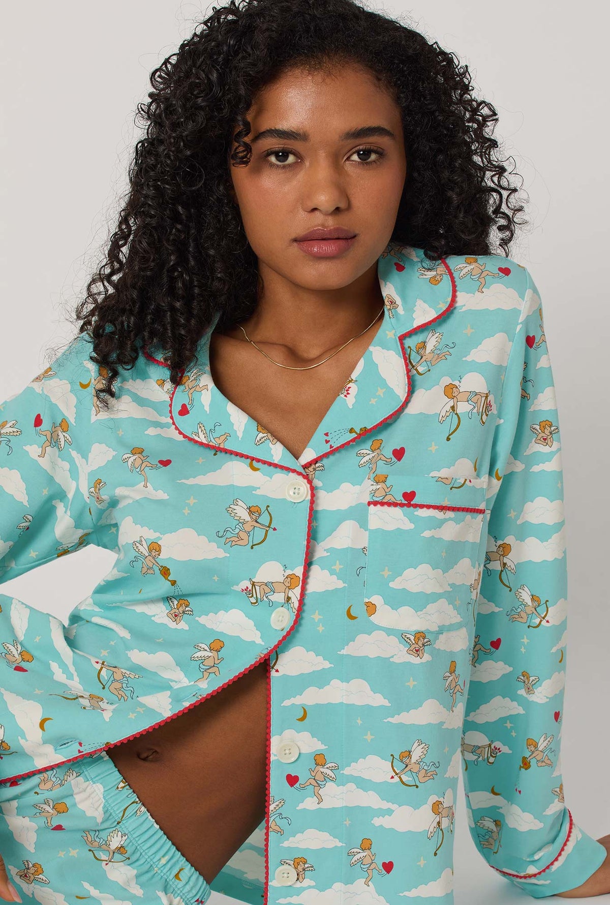 A lady wearing Cheeky Cupid Long Sleeve Classic Stretch Jersey Pj Set