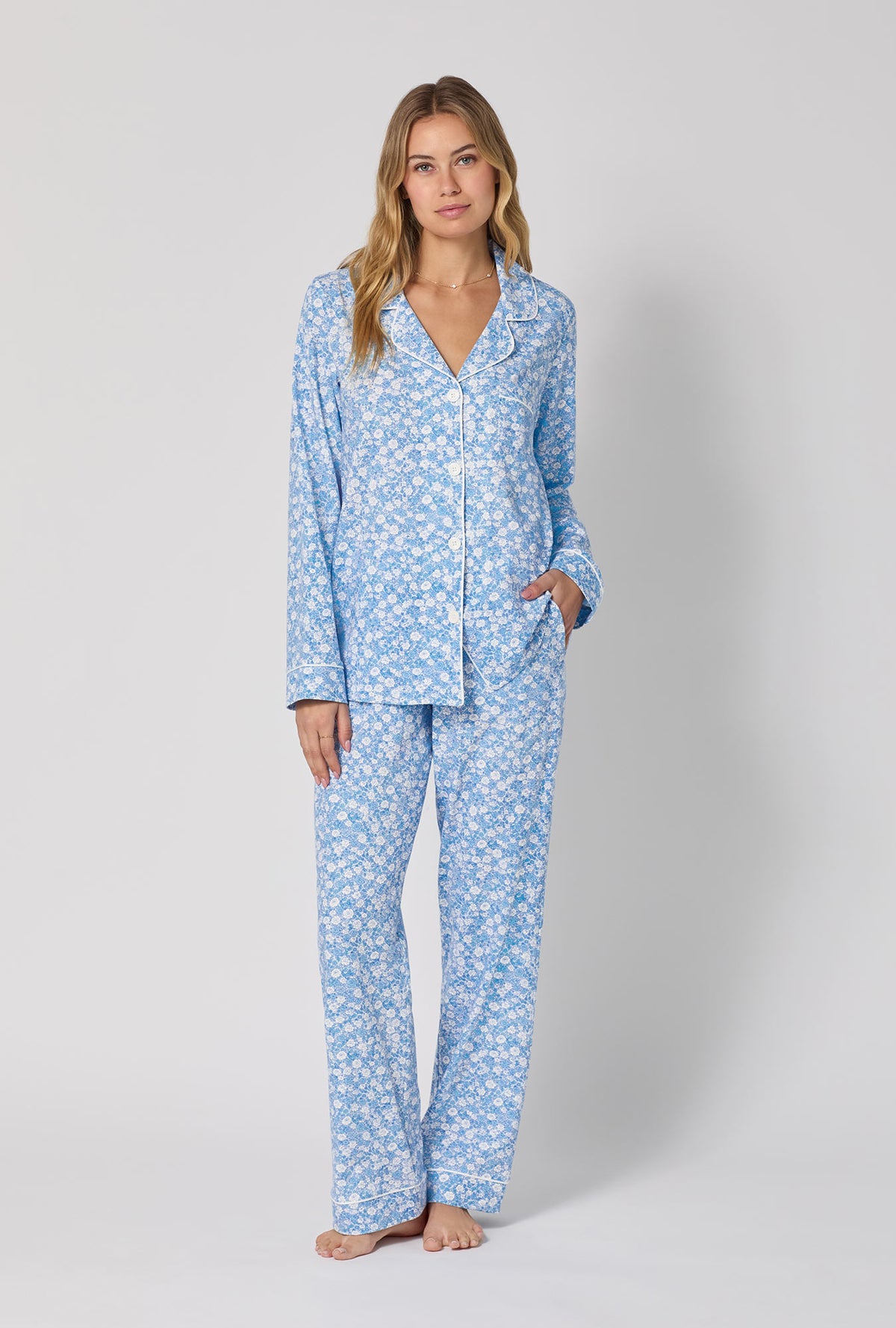 A lady wearing Something Blue Long Sleeve Classic Stretch Jersey Pj Set