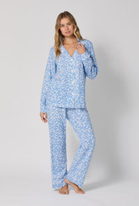 A lady wearing Something Blue Long Sleeve Classic Stretch Jersey Pj Set