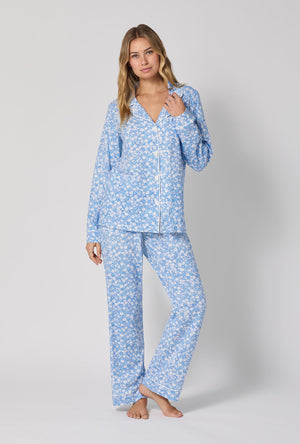 A lady wearing Something Blue Long Sleeve Classic Stretch Jersey Pj Set
