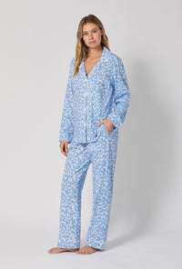 A lady wearing Something Blue Long Sleeve Classic Stretch Jersey Pj Set