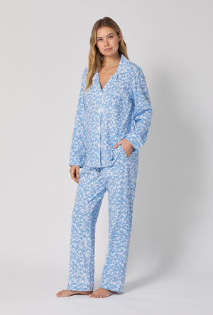 A lady wearing Something Blue Long Sleeve Classic Stretch Jersey Pj Set