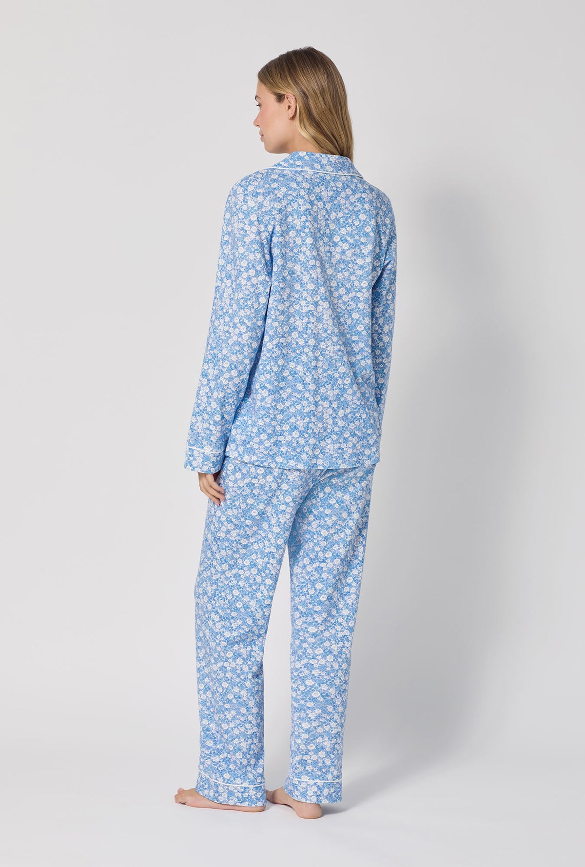 A lady wearing Something Blue Long Sleeve Classic Stretch Jersey Pj Set