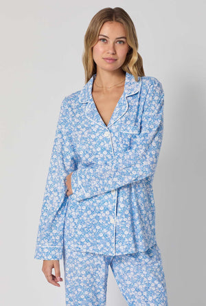 A lady wearing Something Blue Long Sleeve Classic Stretch Jersey Pj Set