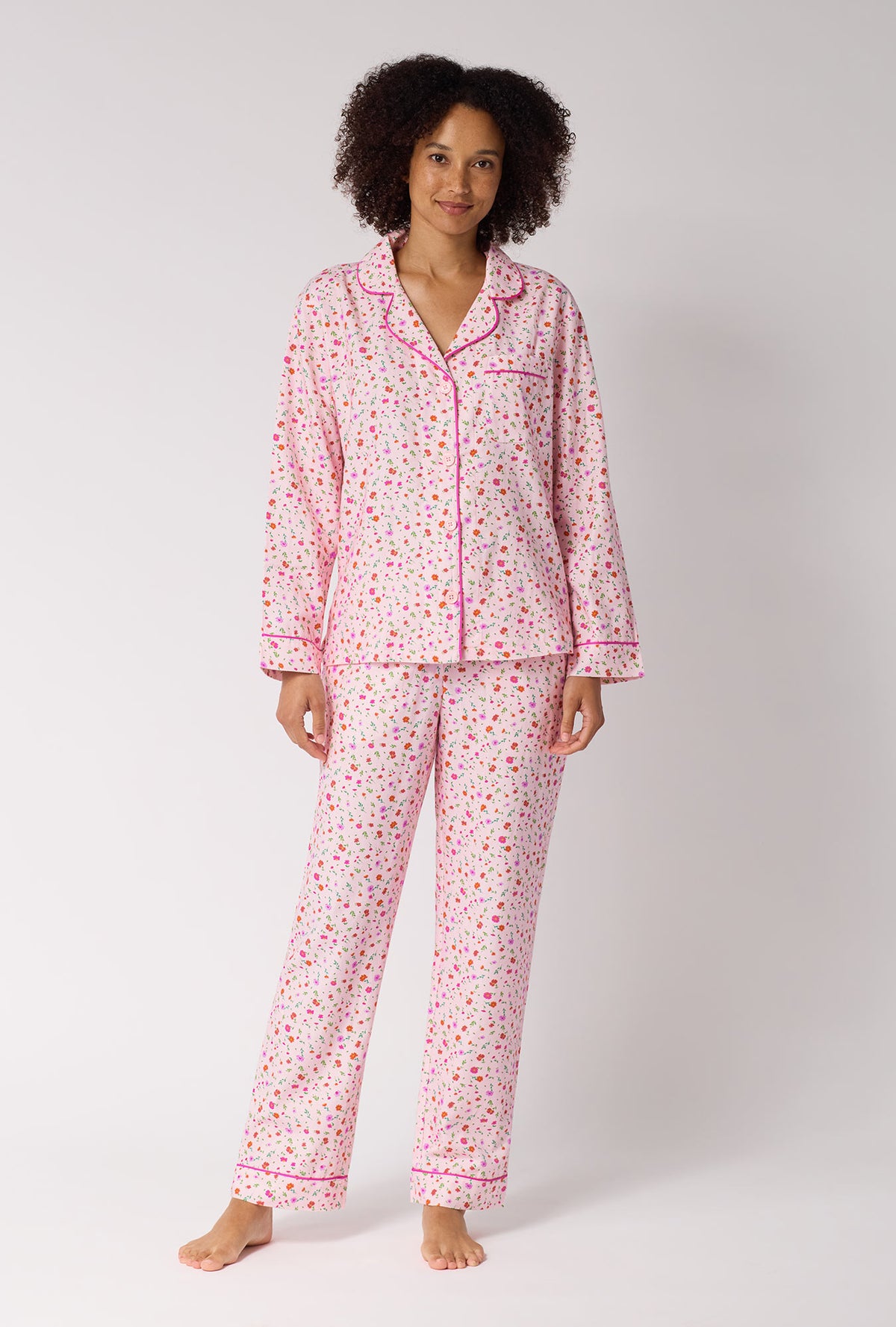 A lady wearing Blushwood Long Sleeve Classic Woven Portuguese Flannel Pj Set