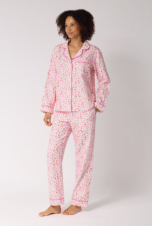 A lady wearing Blushwood Long Sleeve Classic Woven Portuguese Flannel Pj Set  looking side