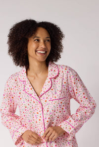 A lady wearing Blushwood Long Sleeve Classic Woven Portuguese Flannel Pj Set closer look