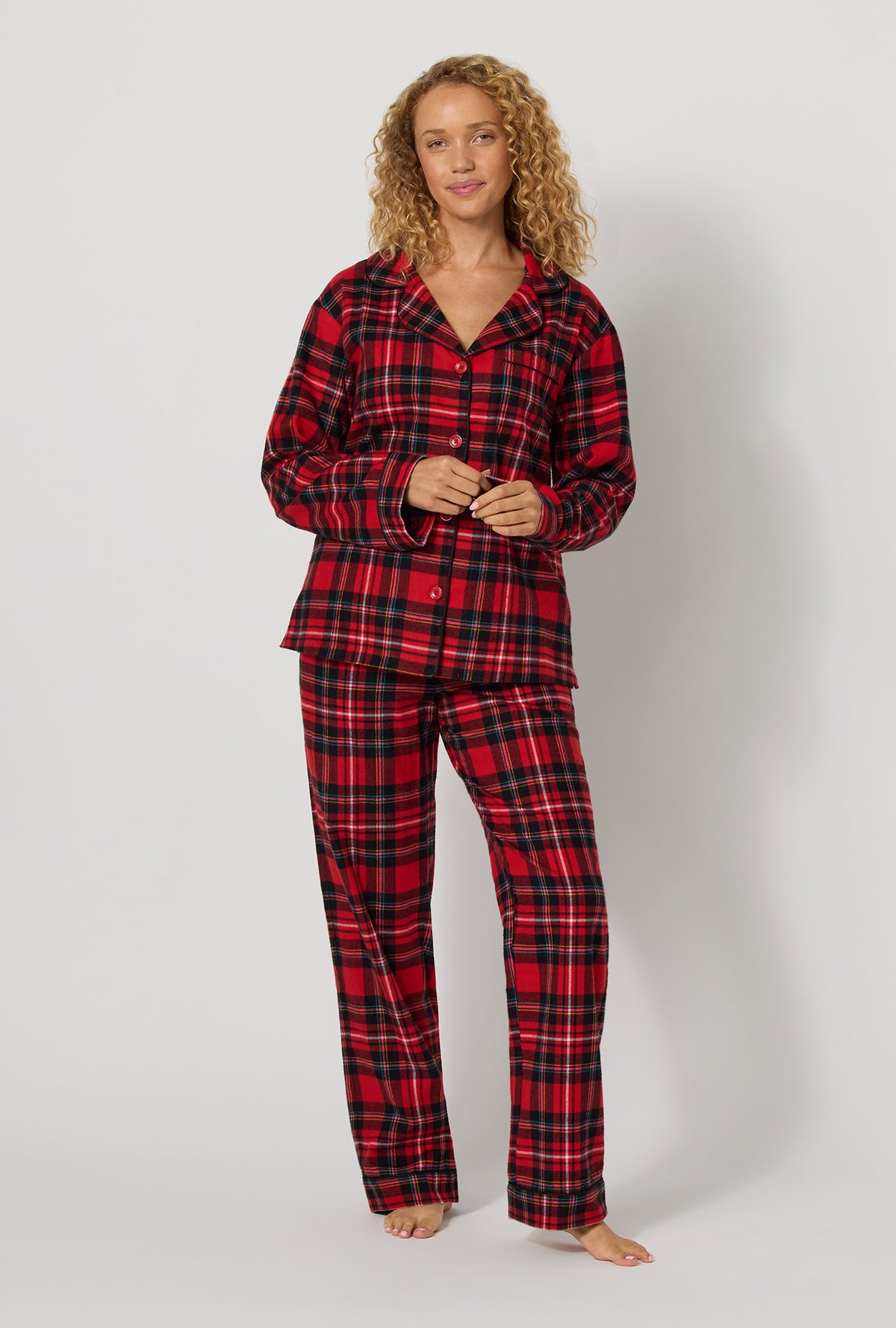 A lady wearing Fireside Plaid Long Sleeve Classic Woven Portuguese Flannel Pj Set looking front