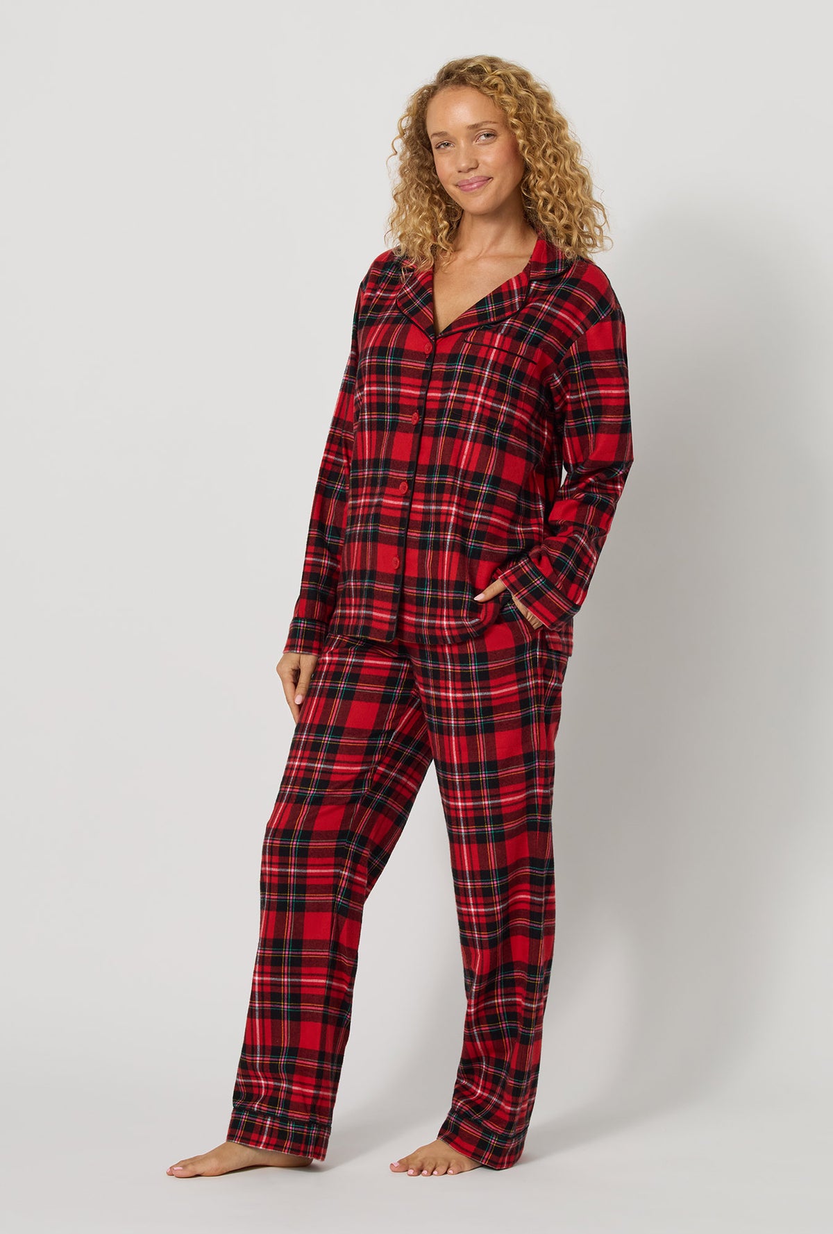 A lady wearing Fireside Plaid Long Sleeve Classic Woven Portuguese Flannel Pj Set