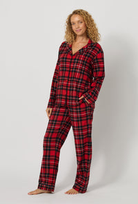 A lady wearing Fireside Plaid Long Sleeve Classic Woven Portuguese Flannel Pj Set