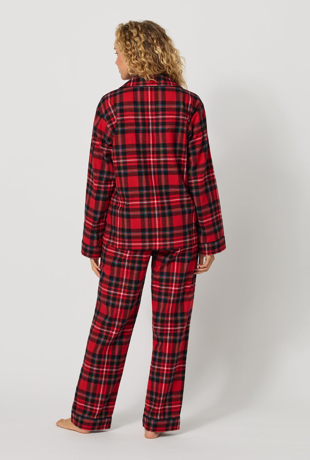 A lady wearing Fireside Plaid Long Sleeve Classic Woven Portuguese Flannel Pj Set back view