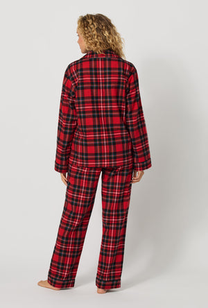 A lady wearing Fireside Plaid Long Sleeve Classic Woven Portuguese Flannel Pj Set back view