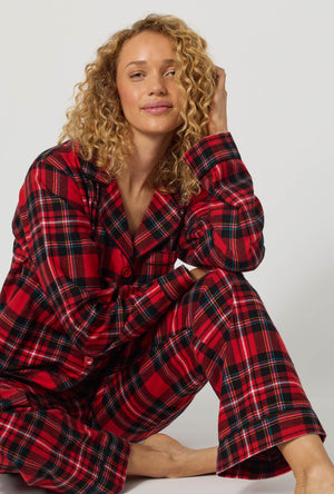 A lady wearing Fireside Plaid Long Sleeve Classic Woven Portuguese Flannel Pj Set closer look