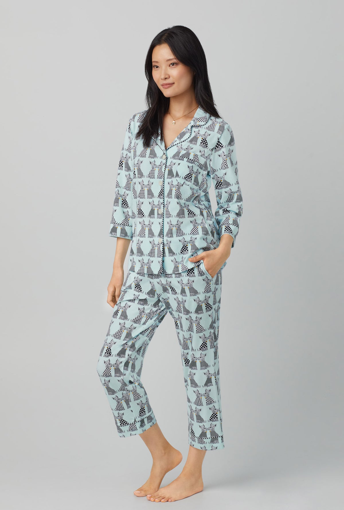 A lady wearing blue 3/4 Sleeve Classic Stretch Jersey Cropped PJ Set with Cozy Sweater  print
