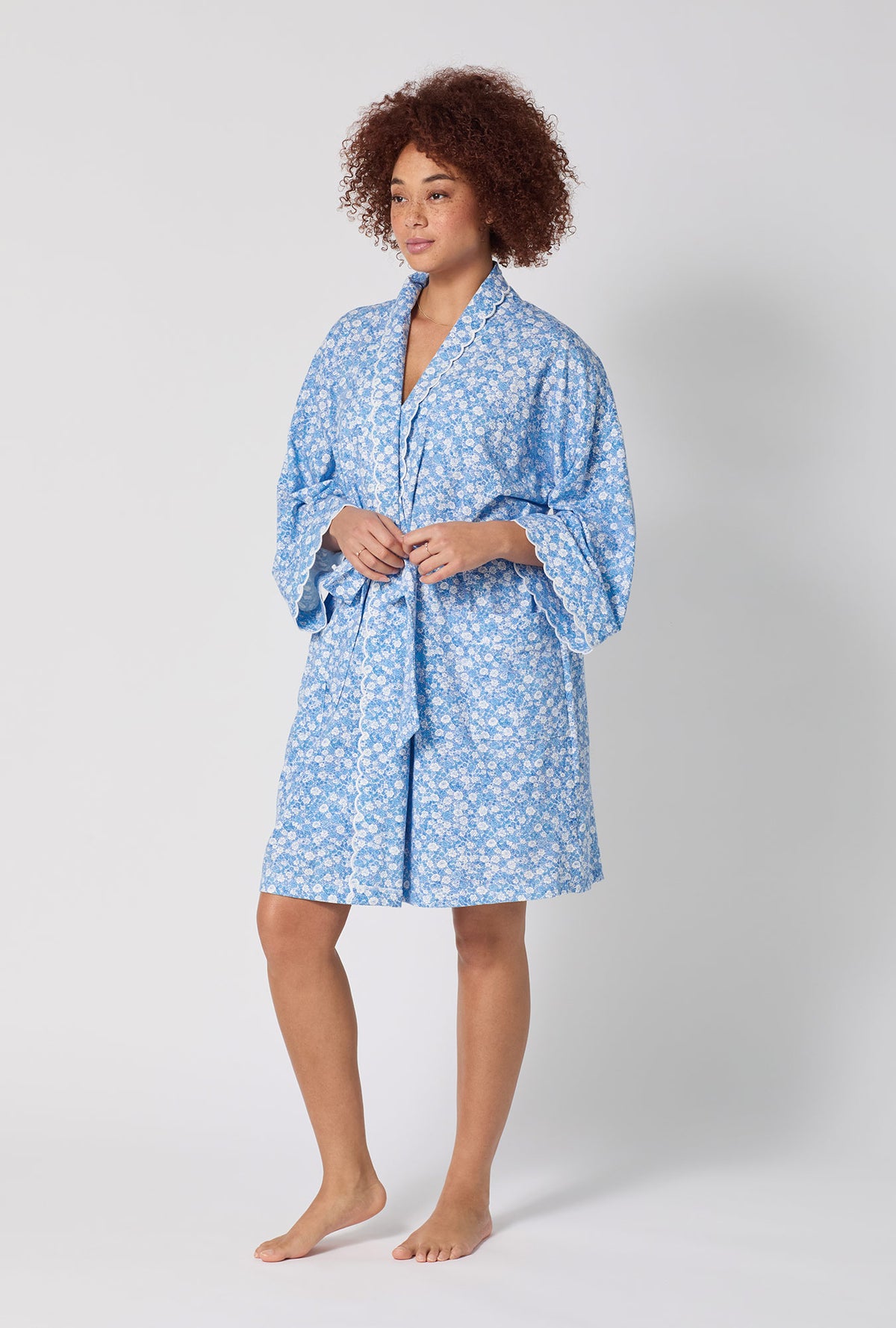 A lady wearing Something Blue Banded Collar Stretch Jersey Robe