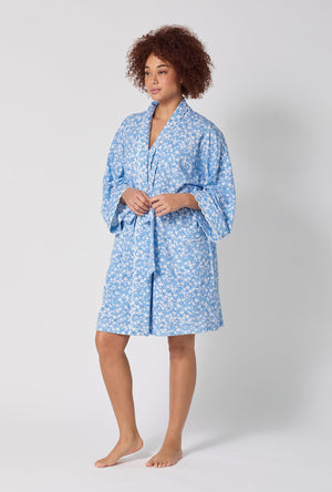 A lady wearing Something Blue Banded Collar Stretch Jersey Robe