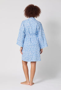 A lady wearing Something Blue Banded Collar Stretch Jersey Robe