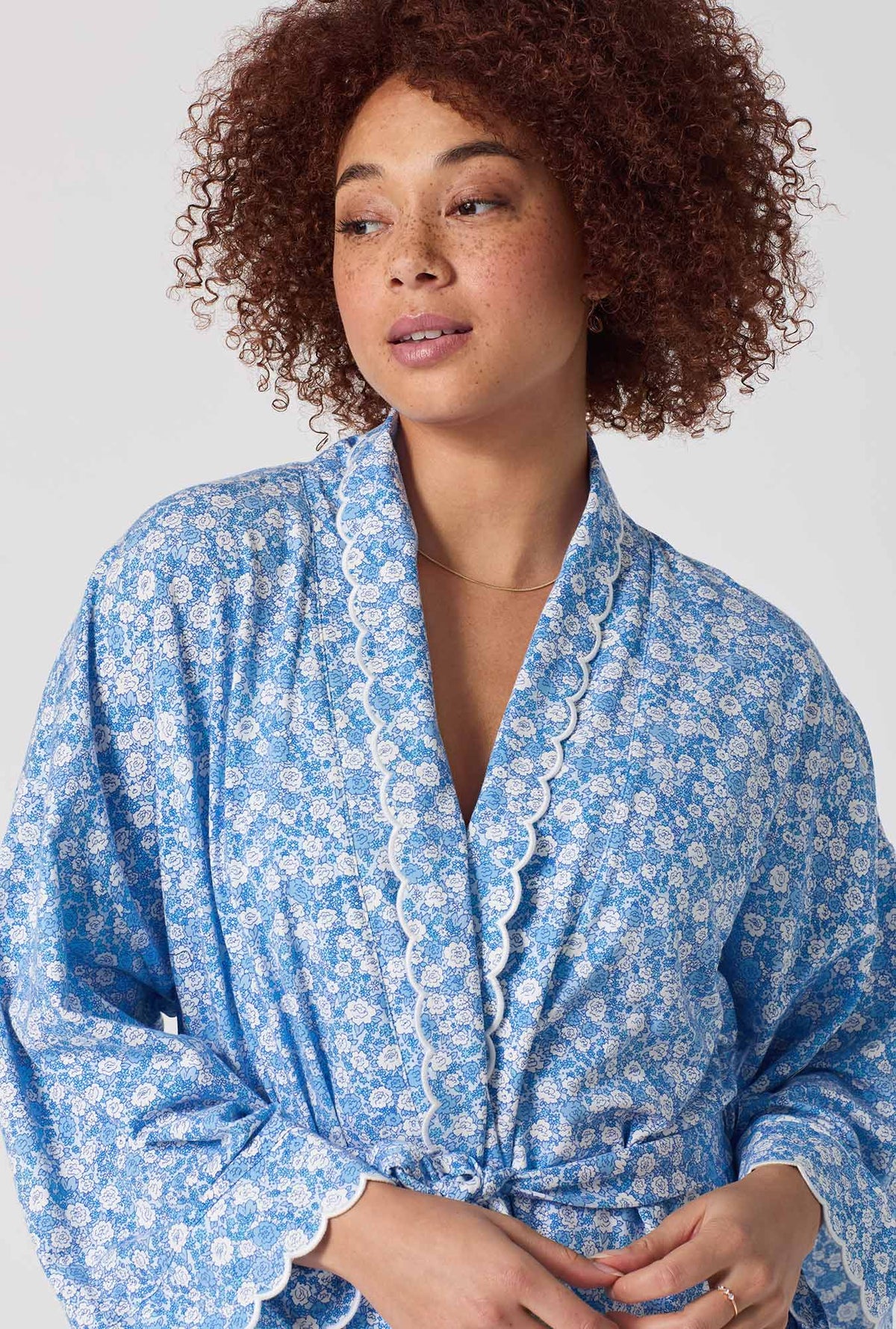 A lady wearing Something Blue Banded Collar Stretch Jersey Robe