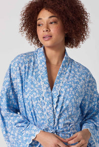 A lady wearing Something Blue Banded Collar Stretch Jersey Robe