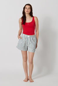 A lady wearing Peppermint Stripe Woven Portuguese Flannel Boxer Short