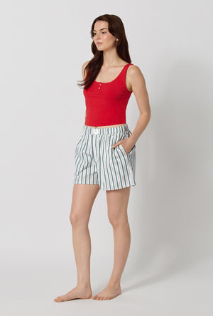A lady wearing Peppermint Stripe Woven Portuguese Flannel Boxer Short looking side