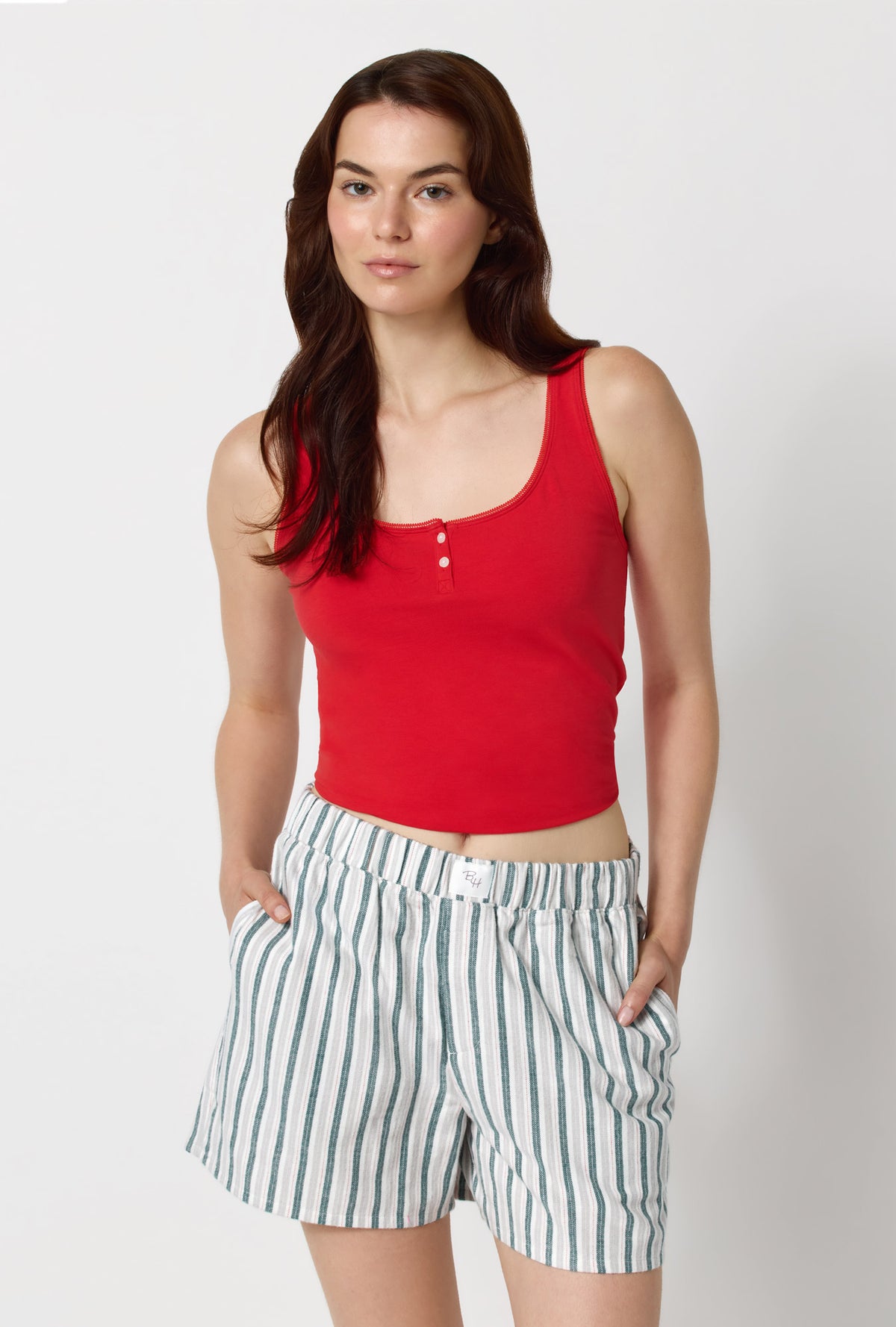 A lady wearing Peppermint Stripe Woven Portuguese Flannel Boxer Short closer look