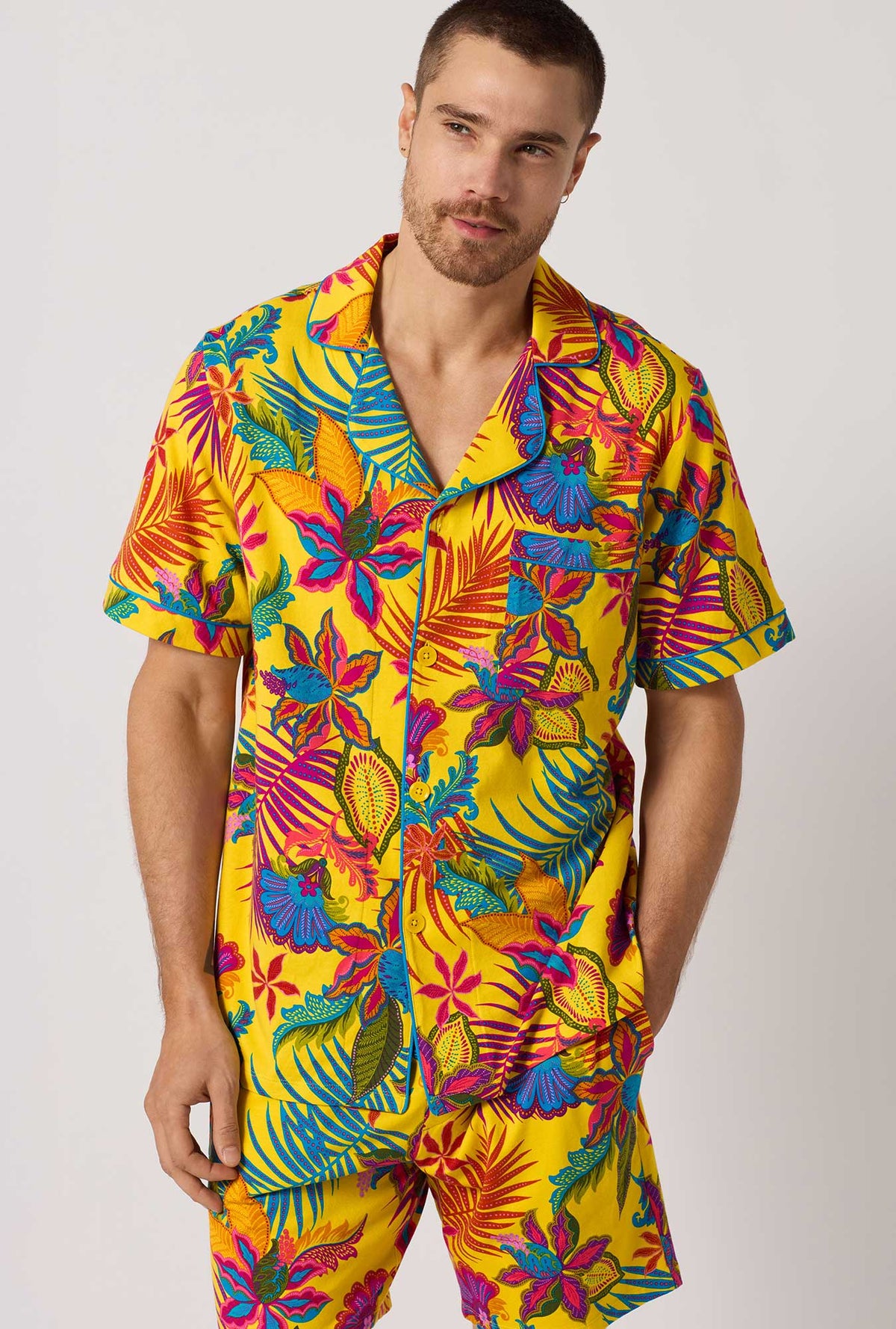 A closeup of A man wearing  Yellow Men's Short Sleeve Classic Stretch Jersey Short Pj Set