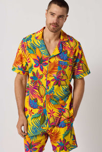 A closeup of A man wearing  Yellow Men's Short Sleeve Classic Stretch Jersey Short Pj Set