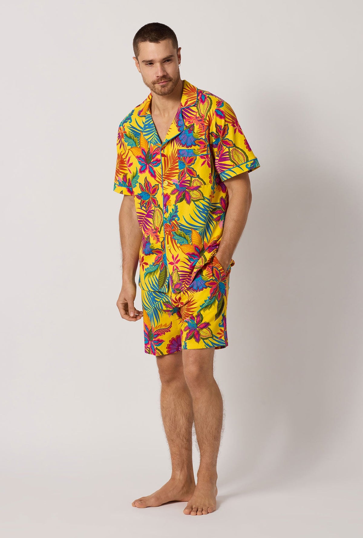 A man wearing  Yellow Men's Short Sleeve Classic Stretch Jersey Short Pj Set side view