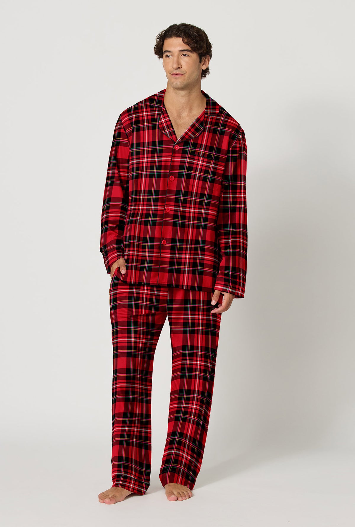 A Man wearing Fireside Plaid Men's Long Sleeve Classic Woven Portuguese Flannel Pj Set looking side