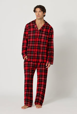 A Man wearing Fireside Plaid Men's Long Sleeve Classic Woven Portuguese Flannel Pj Set looking side