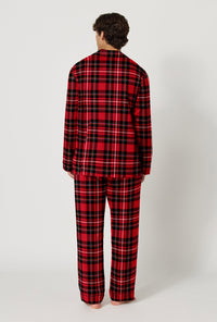 A Man wearing Fireside Plaid Men's Long Sleeve Classic Woven Portuguese Flannel Pj Set back view