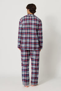 A man wearing Heritage Plaid Men's Long Sleeve Classic Woven Portuguese Flannel Pj Set back view