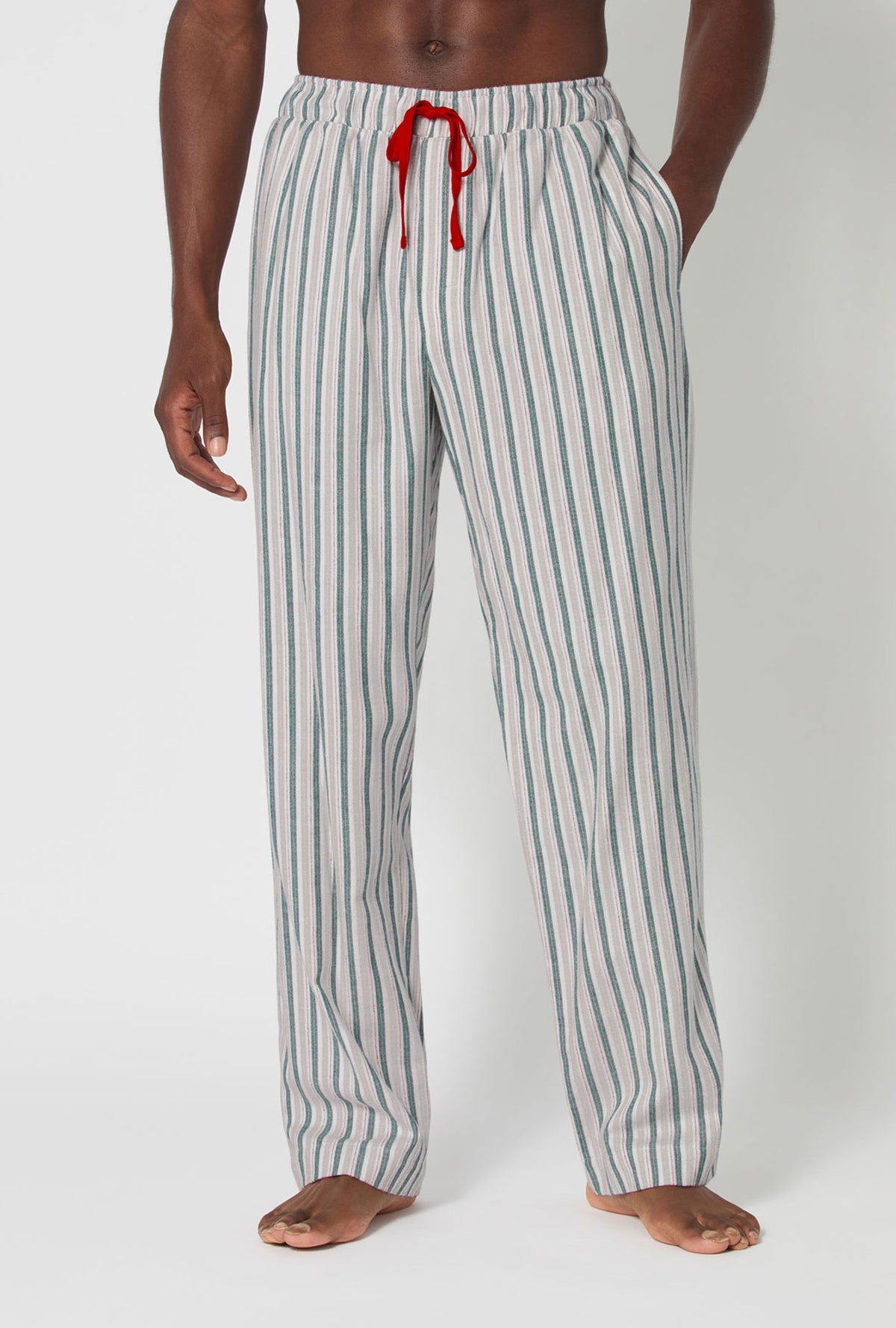 A man wearing Peppermint Stripe Men&#39;s Woven Portuguese Flannel PJ Pant