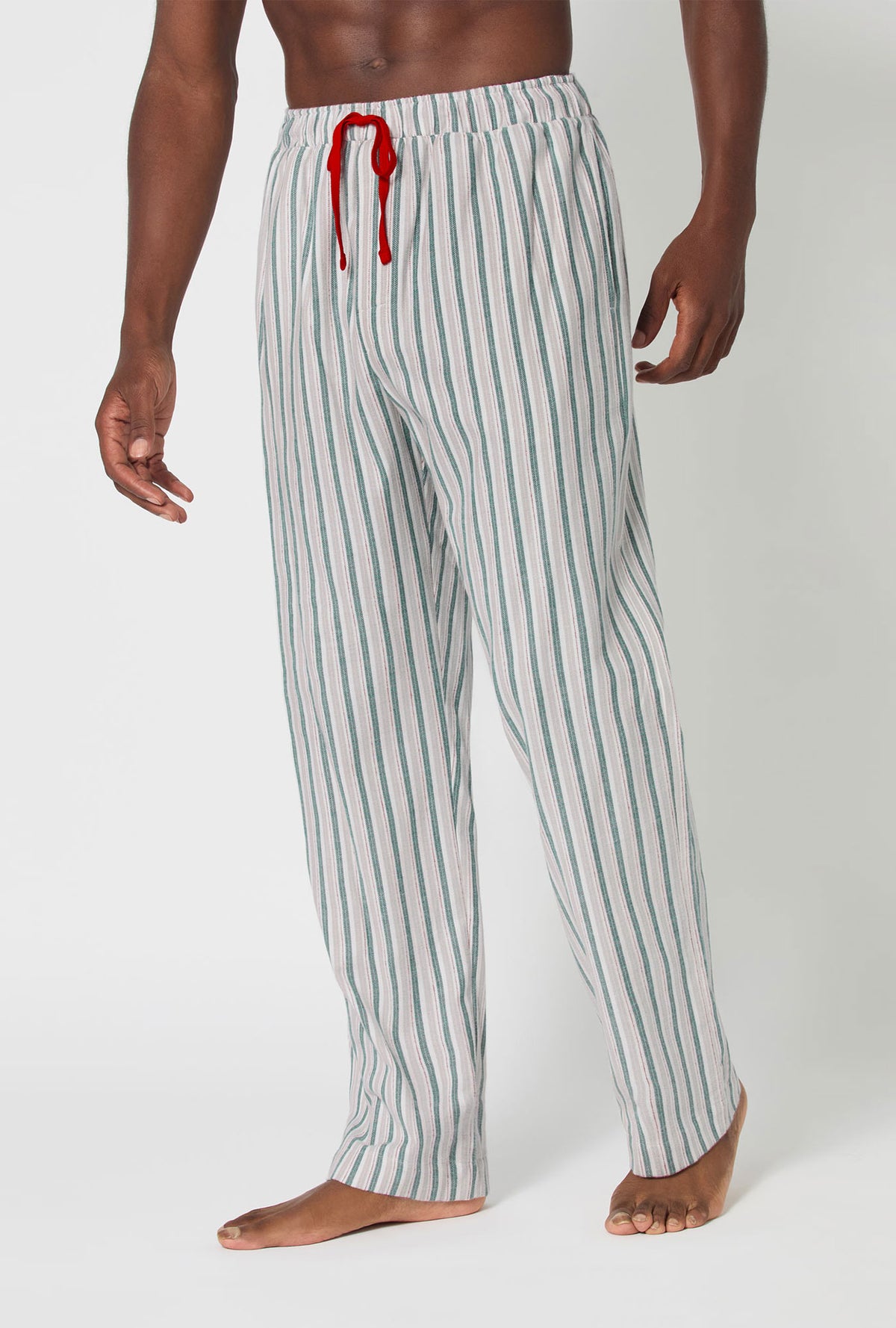 A man wearing Peppermint Stripe Men&#39;s Woven Portuguese Flannel PJ Pant
