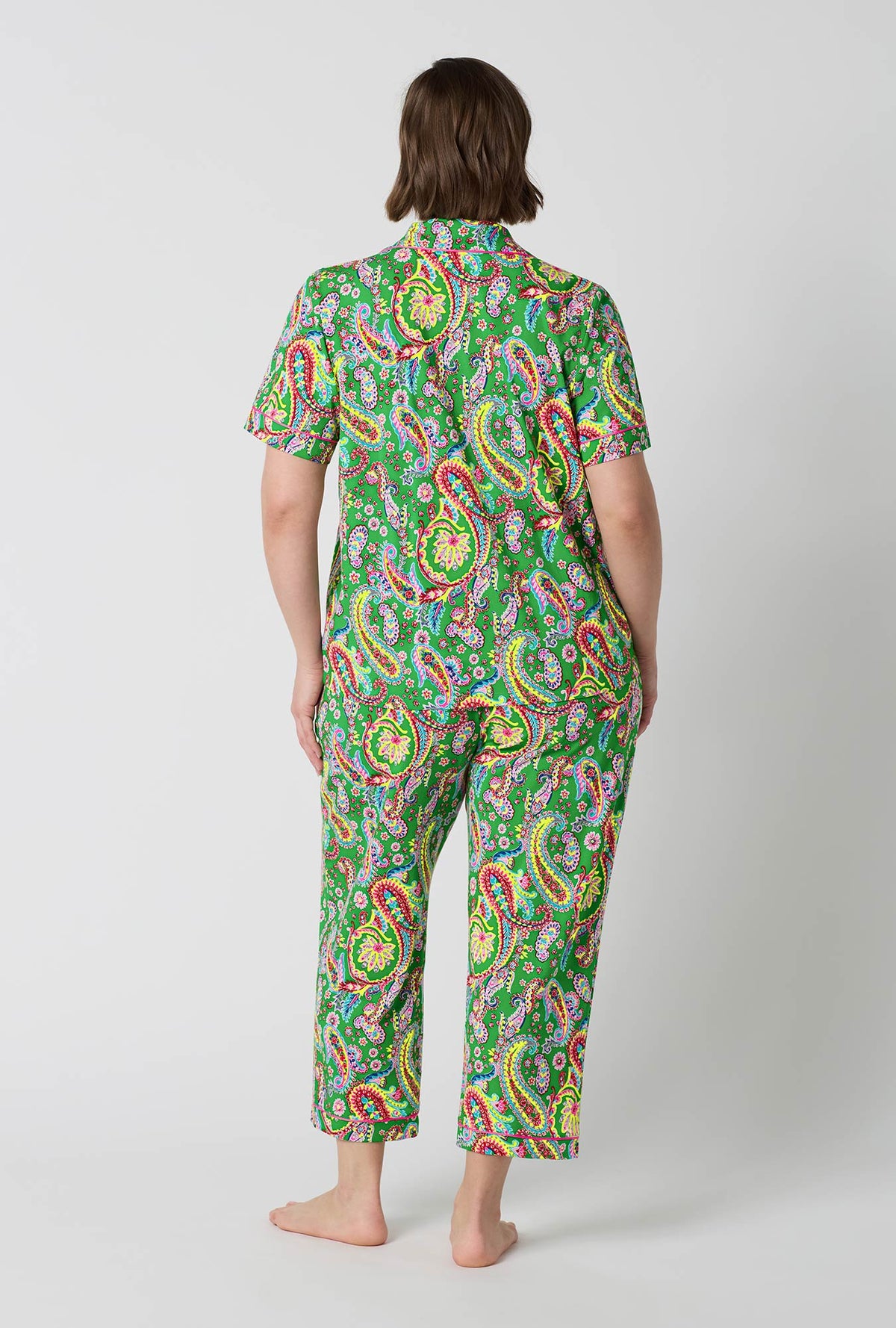 A Lady Wearing Plus Size Sultana Short Sleeve Classic Stretch Jersey Cropped Pj Set in a back view pose