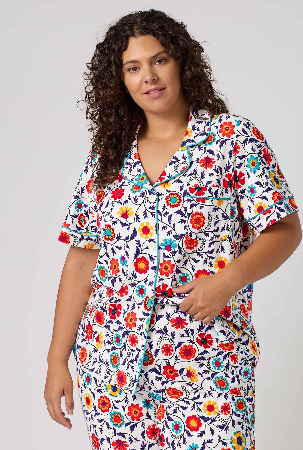 A Lady Wearing Plus Size Ottoman Bloom Short Sleeve Classic Stretch Jersey Cropped Pj Set in a front half close up shot