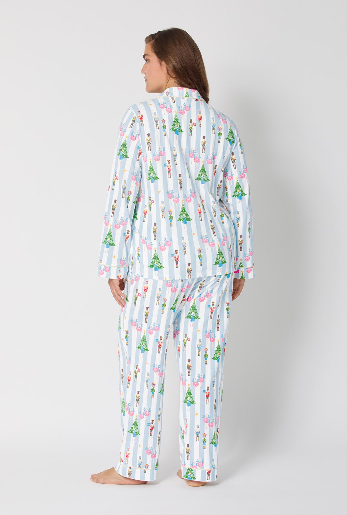 A lady wearing Sugarplum Stripe Long Sleeve Classic Stretch Jersey Pj Set