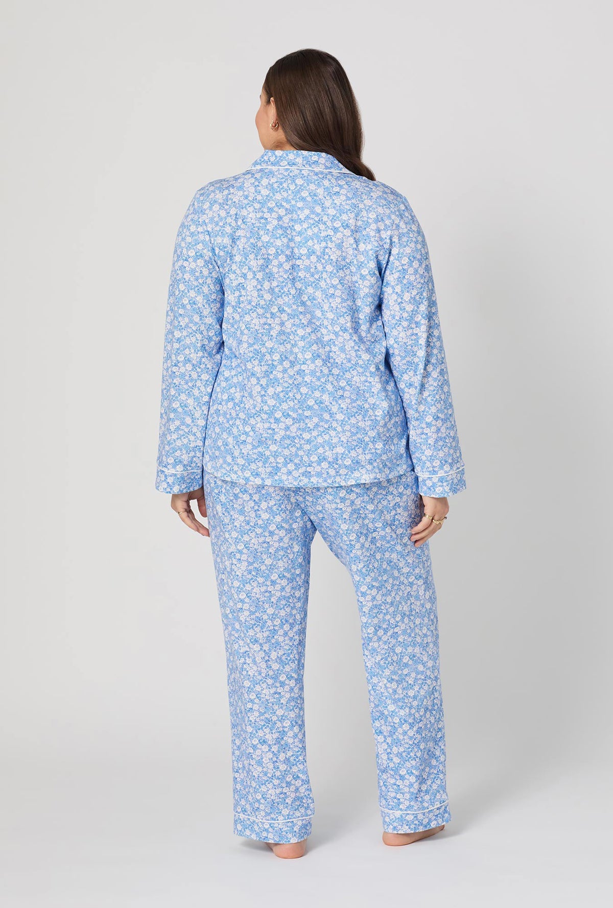 A lady wearing plus Something Blue Long Sleeve Classic Stretch Jersey Pj Set